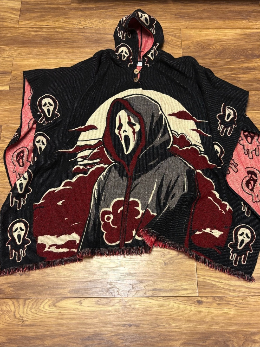 Graphic Hooded Poncho Sweater - Black & Red